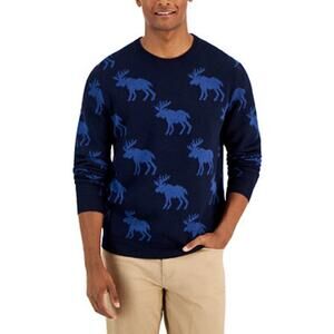 Club Room Moose Print Merino Wool Blend Knit Sweater in Navy Blue Men’s Small